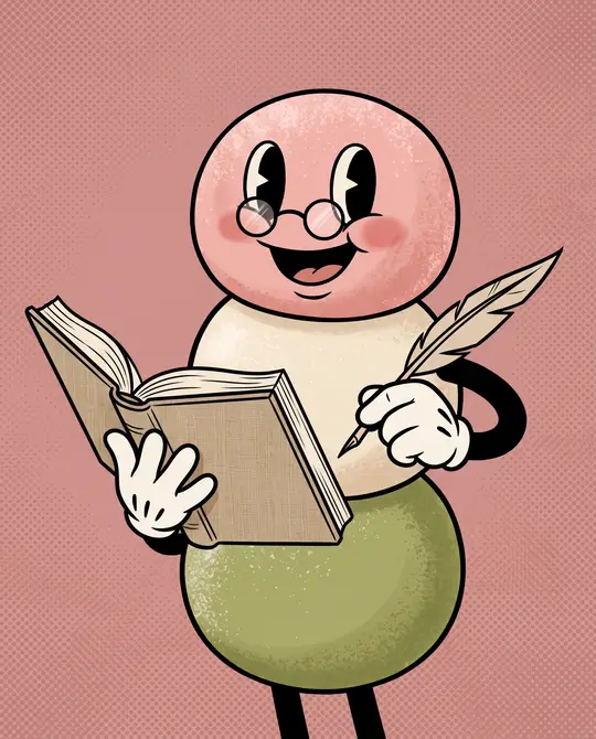 The mascot as an archivist with a ledger and quill