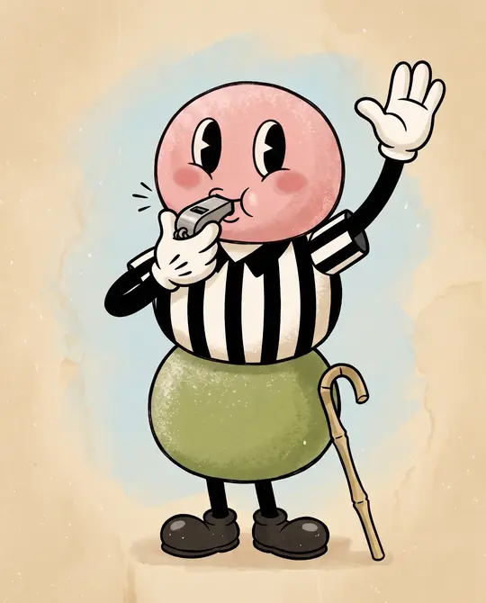 The mascot as a referee, blowing a whistle