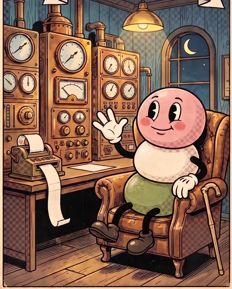 Mochion Issue #0 — the mascot sits calmly in an armchair while a whole wall of little 1930s machines and gauges hums through the night