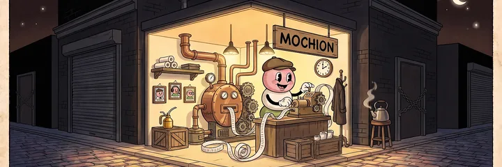 Mochion X banner — the glass workshop at night