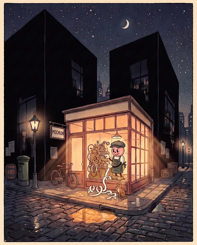 Mochion HQ — a warm glass-walled workshop glowing on a street of dark, windowless black-box buildings; Mochi works alone inside at his machine