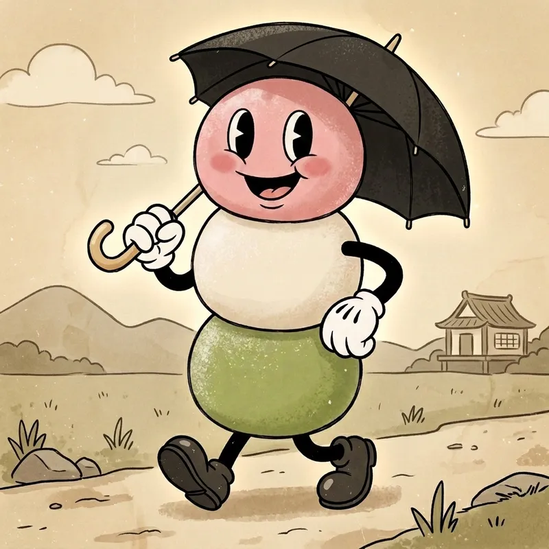 The mascot strolling with a big umbrella through the countryside